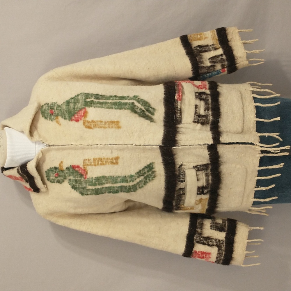 Vintage 70s Wool Jacket Love Birds Hand Crafted South American Woven w Fringe - Picture 3 of 16